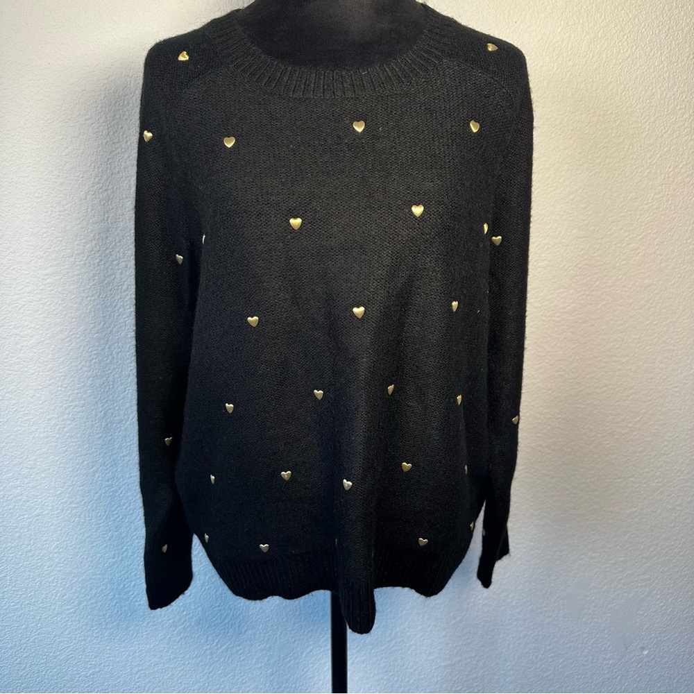 Lucky‎ Brand Black Sweater with Gold Heart Studs Size Large